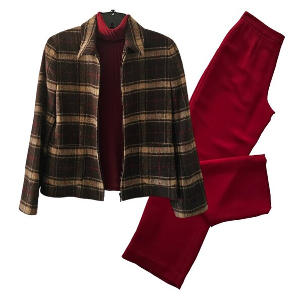 Petite Sophisticate Plaid Lined Wool Zip Jacket | Like New | 2P | Brown Tan Red - Picture 2 of 16